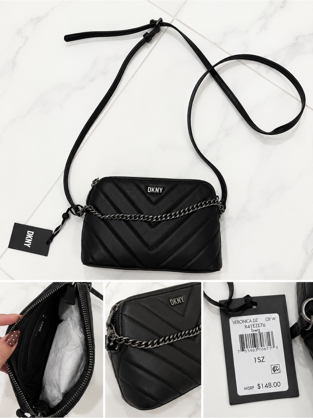 DKNY Black Quilted Crossbody with Chain Accent